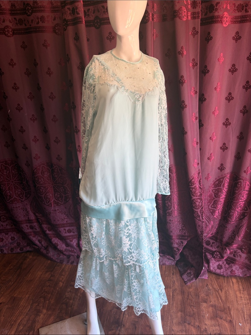 Vintage Light Blue Lace Trim Drop Waist Dress Size 16